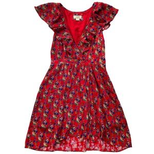 Maeve Floral Print Faux Wrap Ruffle Dress Size 10 Red